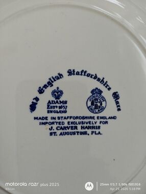 Adams / Jonroth English Staffordshire Ware Plate - White with Blue Backstamp